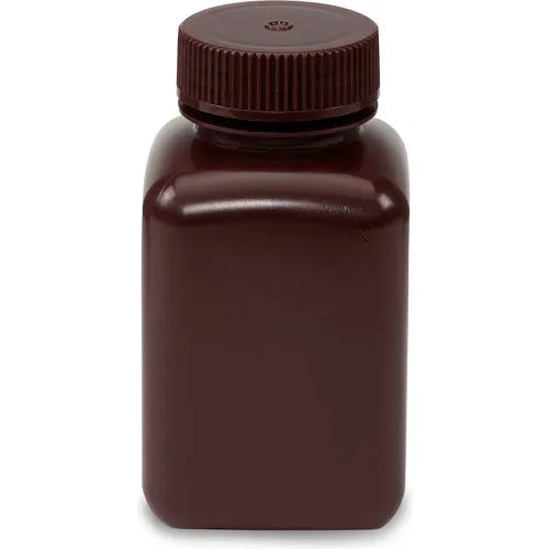 Globe Scientific 7180250AM Bottle Wide Mouth Square Amber HDPE Attached PP Screw Cap 250mL 12/Pack