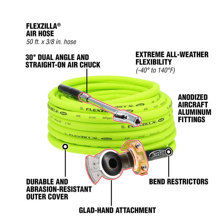 FlexZilla HGH2-FZ Truck Tire Inflator Kit 3-Piece, 3/8" x 50' Hose, Glad-Hand Attachment, 30° Dual Angle and Straight-On Air Chuck
