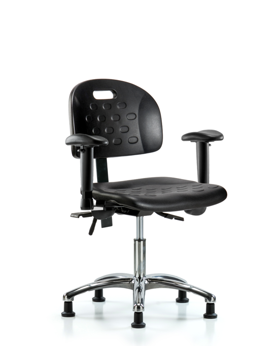 Blue Ridge Ergonomics HPDHCH-CR-T0-A1-RG-BLK Newport Industrial Polyurethane Chair Chrome - Desk Height with Adjustable Arms & Stationary Glides in Black Polyurethane