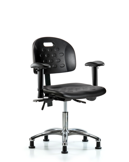 Blue Ridge Ergonomics HPDHCH-CR-T0-A1-RG-BLK Newport Industrial Polyurethane Chair Chrome - Desk Height with Adjustable Arms & Stationary Glides in Black Polyurethane