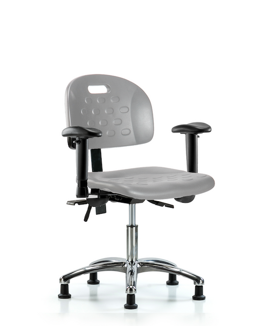 Blue Ridge Ergonomics HPDHCH-CR-T0-A1-RG-GRY Newport Industrial Polyurethane Chair Chrome - Desk Height with Adjustable Arms & Stationary Glides in Gray Polyurethane