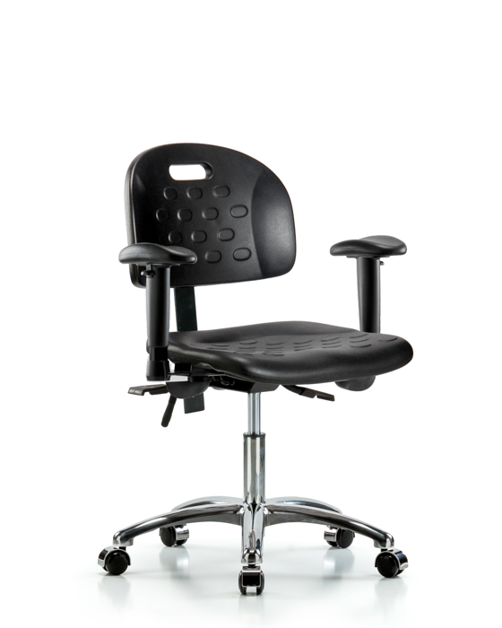 Blue Ridge Ergonomics HPDHCH-CR-T1-A1-CC-BLK Newport Industrial Polyurethane Chair Chrome - Desk Height with Seat Tilt, Adjustable Arms, & Casters in Black Polyurethane