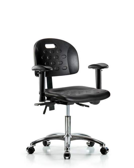 Blue Ridge Ergonomics HPDHCH-CR-T1-A1-CC-BLK Newport Industrial Polyurethane Chair Chrome - Desk Height with Seat Tilt, Adjustable Arms, & Casters in Black Polyurethane