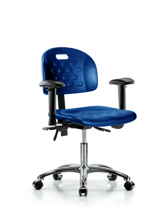 Blue Ridge Ergonomics HPDHCH-CR-T1-A1-CC-BLU Newport Industrial Polyurethane Chair Chrome - Desk Height with Seat Tilt, Adjustable Arms, & Casters in Blue Polyurethane