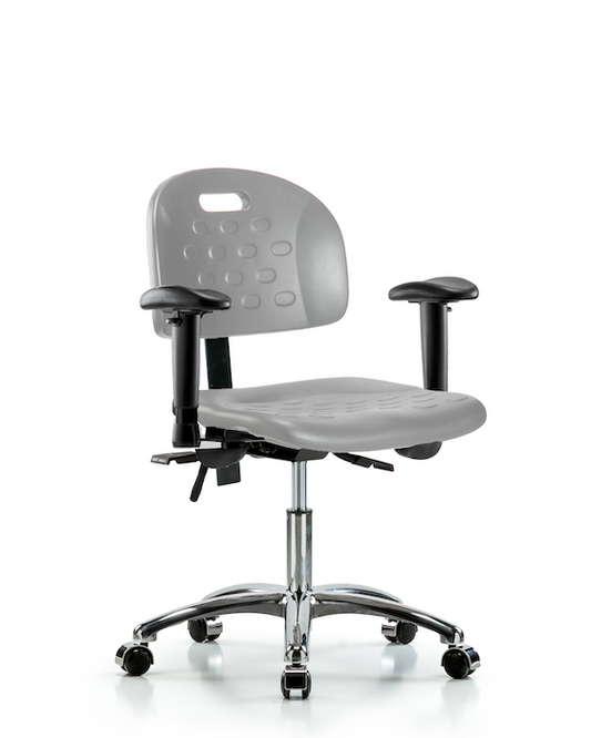 Blue Ridge Ergonomics HPDHCH-CR-T1-A1-CC-GRY Newport Industrial Polyurethane Chair Chrome - Desk Height with Seat Tilt, Adjustable Arms, & Casters in Gray Polyurethane