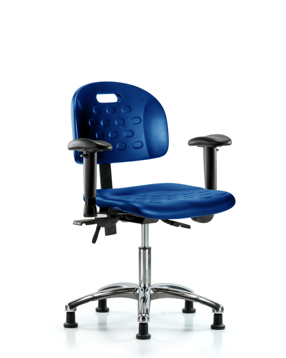 Blue Ridge Ergonomics HPDHCH-CR-T1-A1-RG-BLU Newport Industrial Polyurethane Chair Chrome - Desk Height with Seat Tilt, Adjustable Arms, & Stationary Glides in Blue Polyurethane