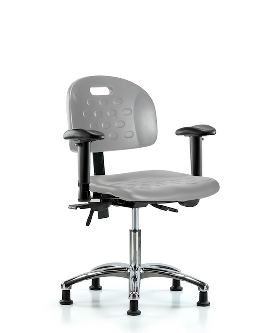 Blue Ridge Ergonomics HPDHCH-CR-T1-A1-RG-GRY Newport Industrial Polyurethane Chair Chrome - Desk Height with Seat Tilt, Adjustable Arms, & Stationary Glides in Gray Polyurethane