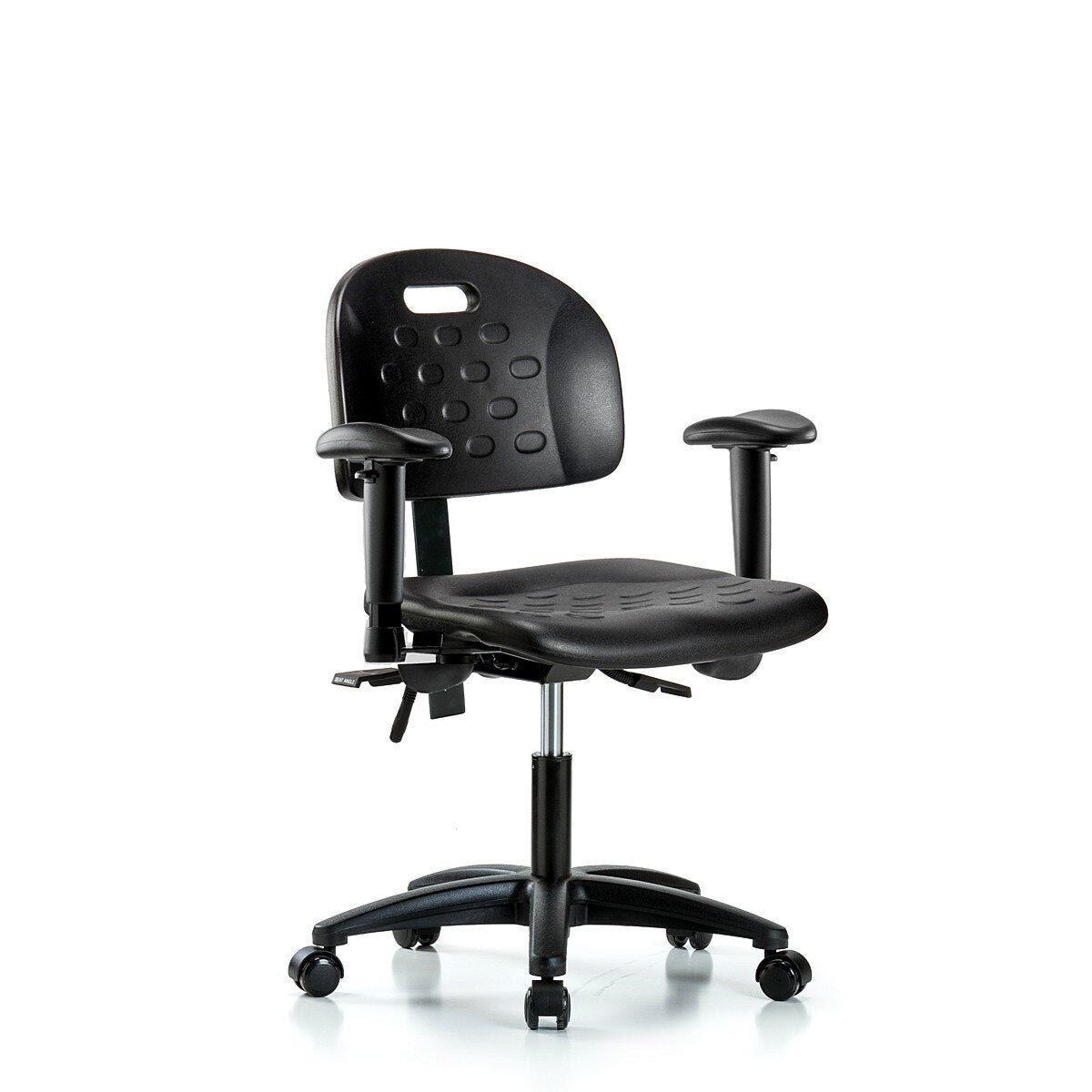 Blue Ridge Ergonomics HPDHCH-RG-T0-A1-RC-BLK Newport Industrial Polyurethane Chair - Desk Height with Adjustable Arms & Casters in Black Polyurethane