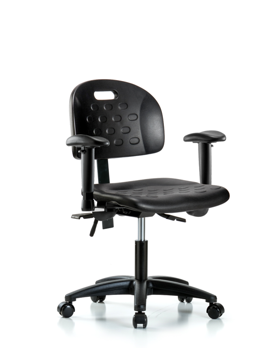 Blue Ridge Ergonomics HPDHCH-RG-T1-A1-RC-BLK Newport Industrial Polyurethane Chair - Desk Height with Seat Tilt, Adjustable Arms, & Casters in Black Polyurethane