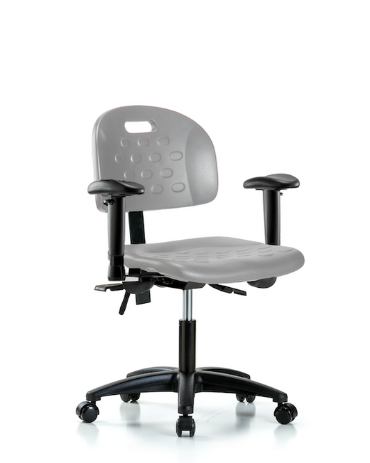 Blue Ridge Ergonomics HPDHCH-RG-T1-A1-RC-GRY Newport Industrial Polyurethane Chair - Desk Height with Seat Tilt, Adjustable Arms, & Casters in Gray Polyurethane