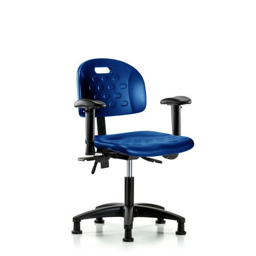 Blue Ridge Ergonomics HPDHCH-RG-T1-A1-RG-BLU Newport Industrial Polyurethane Chair - Desk Height with Seat Tilt, Adjustable Arms, & Stationary Glides in Blue Polyurethane