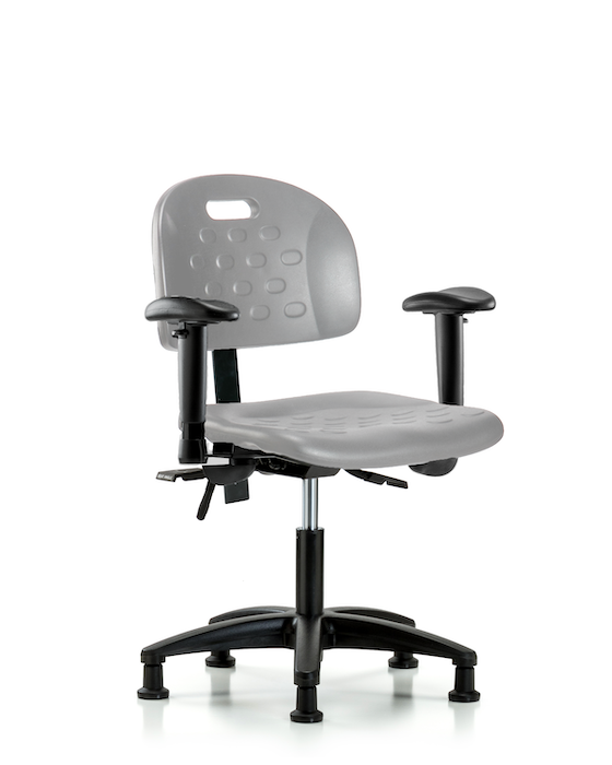 Blue Ridge Ergonomics HPDHCH-RG-T1-A1-RG-GRY Newport Industrial Polyurethane Chair - Desk Height with Seat Tilt, Adjustable Arms, & Stationary Glides in Gray Polyurethane