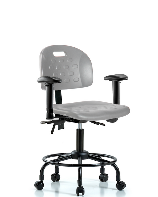 Blue Ridge Ergonomics HPDHCH-RT-T0-A1-RC-GRY Newport Industrial Polyurethane Chair with Round Tube Base - Desk Height with Adjustable Arms & Casters in Gray Polyurethane