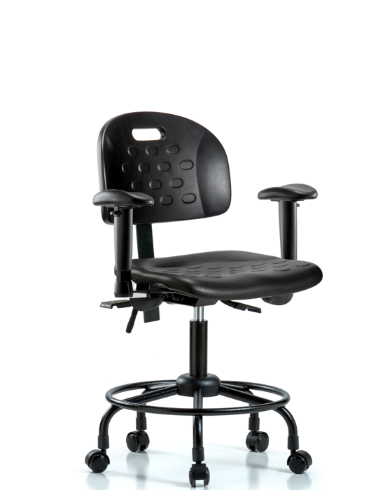 Blue Ridge Ergonomics HPDHCH-RT-T1-A1-RC-BLK Newport Industrial Polyurethane Chair with Round Tube Base - Desk Height with Seat Tilt, Adjustable Arms, & Casters in Black Polyurethane