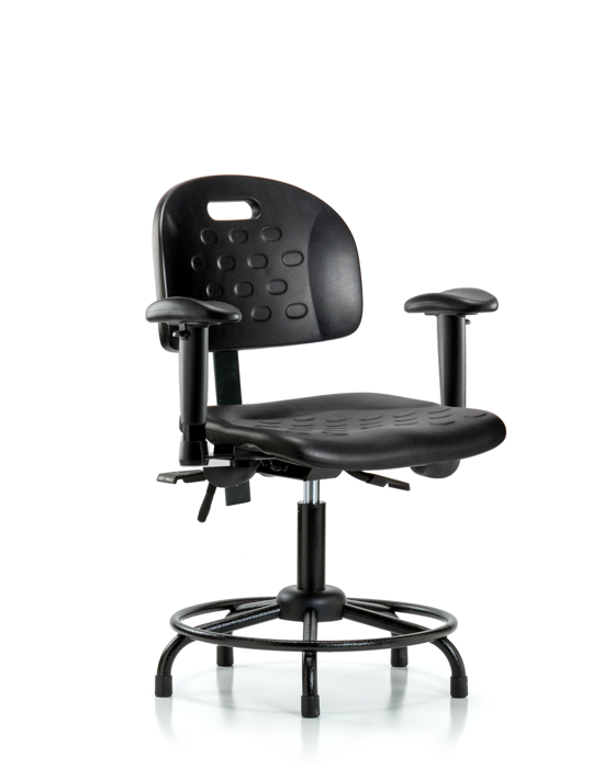 Blue Ridge Ergonomics HPDHCH-RT-T1-A1-RG-BLK Newport Industrial Polyurethane Chair with Round Tube Base - Desk Height with Seat Tilt, Adjustable Arms, & Stationary Glides in Black Polyurethane