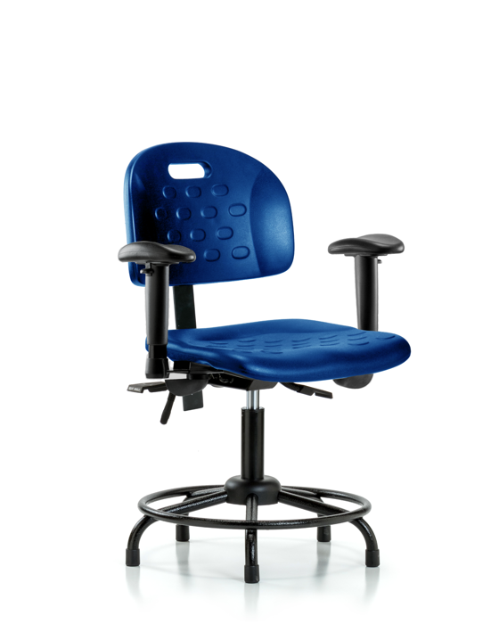 Blue Ridge Ergonomics HPDHCH-RT-T1-A1-RG-BLU Newport Industrial Polyurethane Chair with Round Tube Base - Desk Height with Seat Tilt, Adjustable Arms, & Stationary Glides in Blue Polyurethane