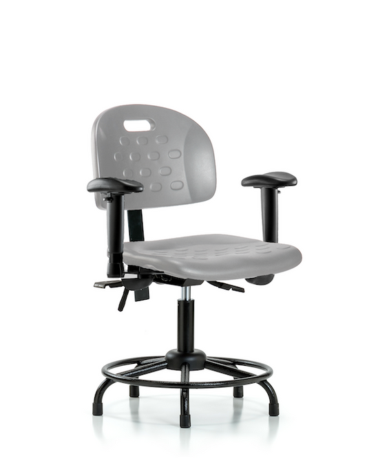 Blue Ridge Ergonomics HPDHCH-RT-T1-A1-RG-GRY Newport Industrial Polyurethane Chair with Round Tube Base - Desk Height with Seat Tilt, Adjustable Arms, & Stationary Glides in Gray Polyurethane