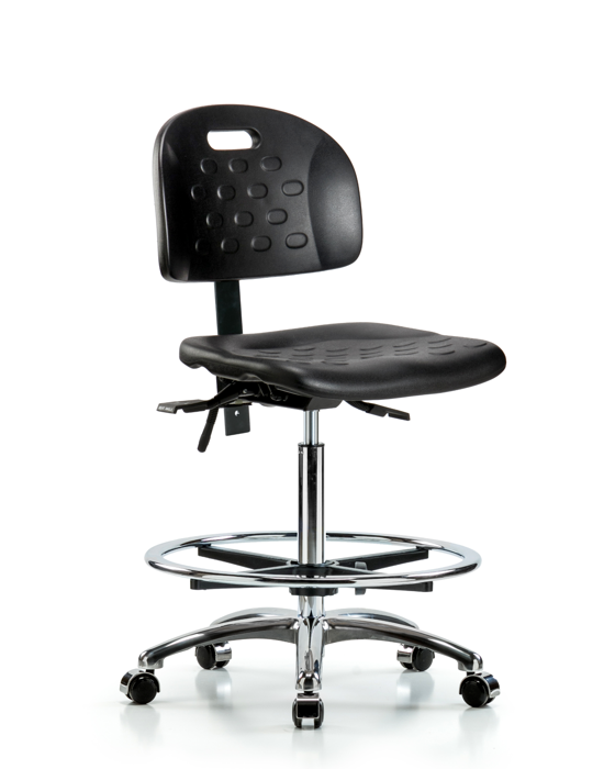 Blue Ridge Ergonomics HPHBCH-CR-T0-A0-CF-CC-BLK Newport Industrial Polyurethane Chair Chrome - High Bench Height with Chrome Foot Ring & Casters in Black Polyurethane