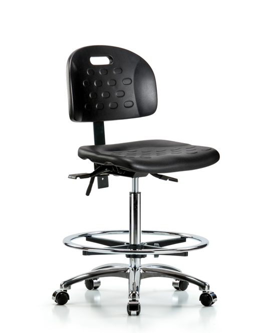 Blue Ridge Ergonomics HPHBCH-CR-T0-A0-CF-CC-BLK Newport Industrial Polyurethane Chair Chrome - High Bench Height with Chrome Foot Ring & Casters in Black Polyurethane
