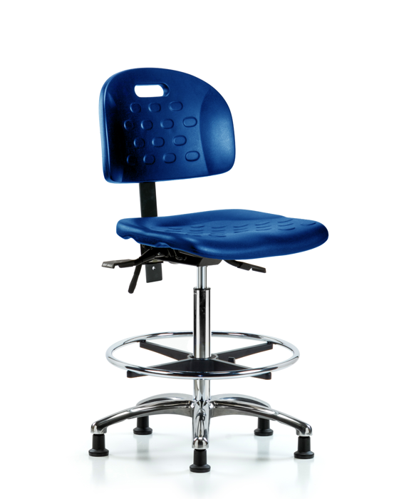 Blue Ridge Ergonomics HPHBCH-CR-T0-A0-CF-RG-BLU Newport Industrial Polyurethane Chair Chrome - High Bench Height with Chrome Foot Ring & Stationary Glides in Blue Polyurethane