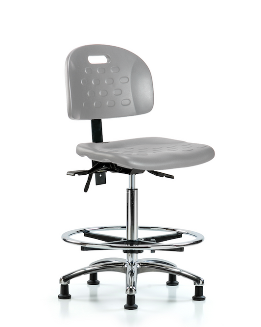 Blue Ridge Ergonomics HPHBCH-CR-T0-A0-CF-RG-GRY Newport Industrial Polyurethane Chair Chrome - High Bench Height with Chrome Foot Ring & Stationary Glides in Gray Polyurethane