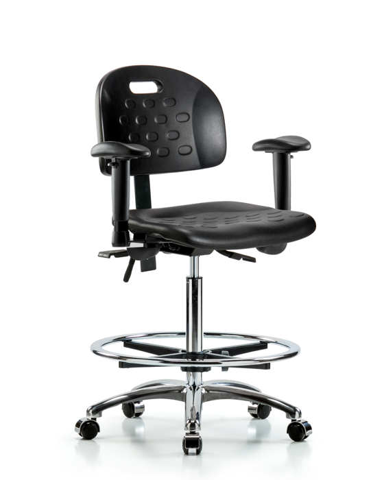 Blue Ridge Ergonomics HPHBCH-CR-T0-A1-CF-CC-BLK Newport Industrial Polyurethane Chair Chrome - High Bench Height with Adjustable Arms, Chrome Foot Ring, & Casters in Black Polyurethane