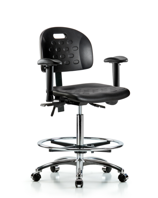 Blue Ridge Ergonomics HPHBCH-CR-T0-A1-CF-CC-BLK Newport Industrial Polyurethane Chair Chrome - High Bench Height with Adjustable Arms, Chrome Foot Ring, & Casters in Black Polyurethane