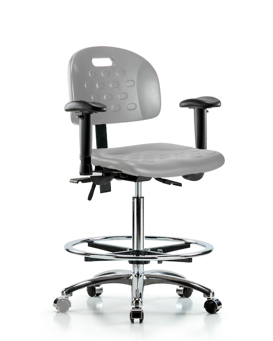 Blue Ridge Ergonomics HPHBCH-CR-T0-A1-CF-CC-GRY Newport Industrial Polyurethane Chair Chrome - High Bench Height with Adjustable Arms, Chrome Foot Ring, & Casters in Gray Polyurethane