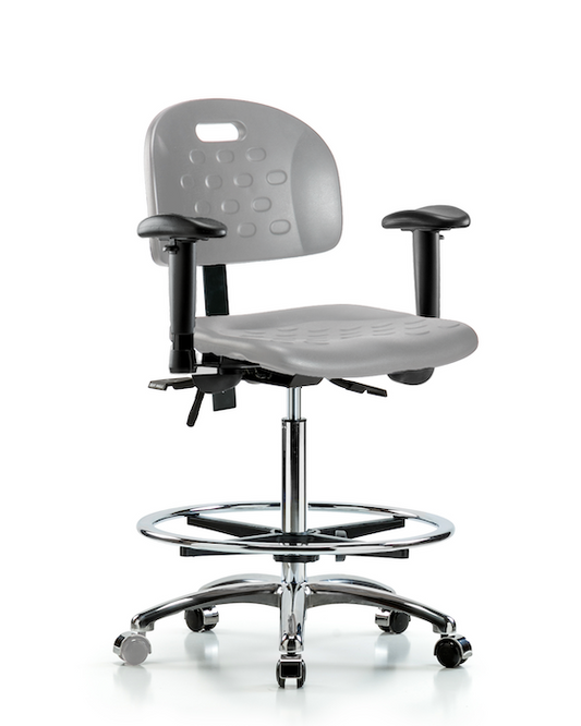 Blue Ridge Ergonomics HPHBCH-CR-T0-A1-CF-CC-GRY Newport Industrial Polyurethane Chair Chrome - High Bench Height with Adjustable Arms, Chrome Foot Ring, & Casters in Gray Polyurethane
