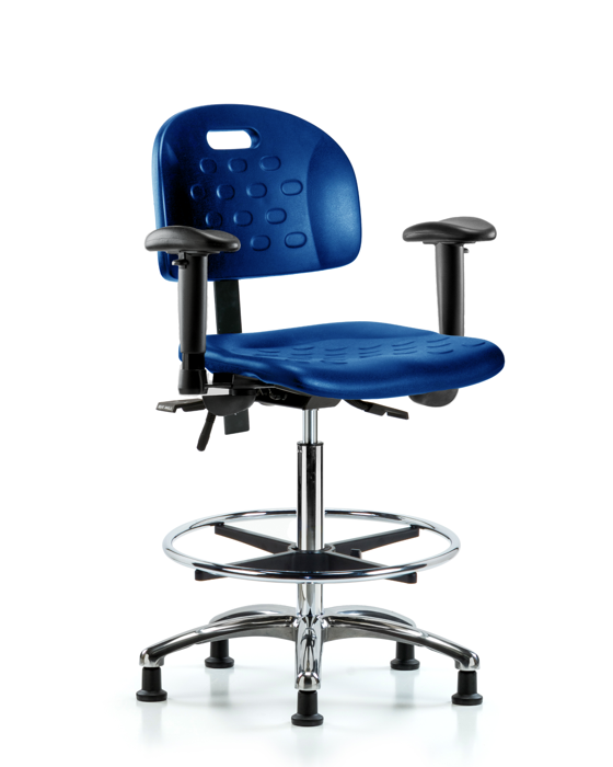 Blue Ridge Ergonomics HPHBCH-CR-T0-A1-CF-RG-BLU Newport Industrial Polyurethane Chair Chrome - High Bench Height with Adjustable Arms, Chrome Foot Ring, & Stationary Glides in Blue Polyurethane