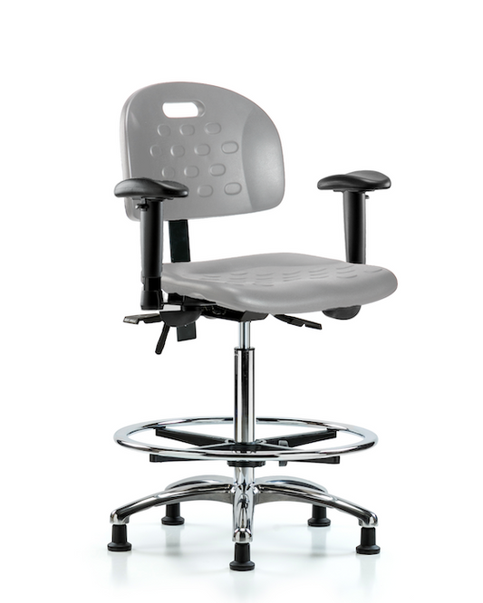 Blue Ridge Ergonomics HPHBCH-CR-T0-A1-CF-RG-GRY Newport Industrial Polyurethane Chair Chrome - High Bench Height with Adjustable Arms, Chrome Foot Ring, & Stationary Glides in Gray Polyurethane