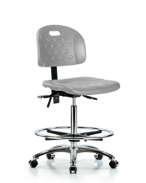 Blue Ridge Ergonomics HPHBCH-CR-T1-A0-CF-CC-GRY Newport Industrial Polyurethane Chair Chrome - High Bench Height with Seat Tilt, Chrome Foot Ring, & Casters in Gray Polyurethane