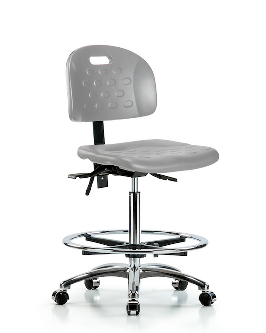 Blue Ridge Ergonomics HPHBCH-CR-T1-A0-CF-CC-GRY Newport Industrial Polyurethane Chair Chrome - High Bench Height with Seat Tilt, Chrome Foot Ring, & Casters in Gray Polyurethane