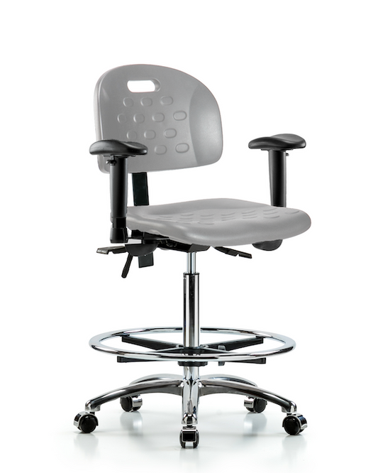 Blue Ridge Ergonomics HPHBCH-CR-T1-A1-CF-CC-GRY Newport Industrial Polyurethane Chair Chrome - High Bench Height with Seat Tilt, Adjustable Arms, Chrome Foot Ring, & Casters in Gray Polyurethane