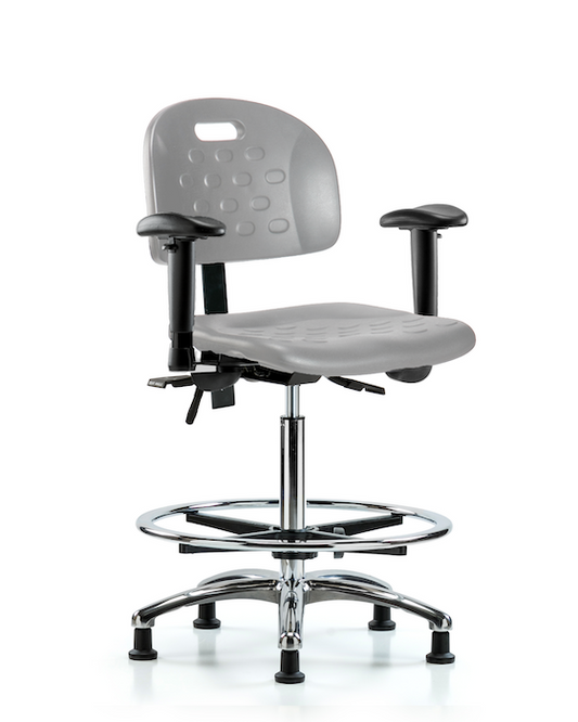 Blue Ridge Ergonomics HPHBCH-CR-T1-A1-CF-RG-GRY Newport Industrial Polyurethane Chair Chrome - High Bench Height with Seat Tilt, Adjustable Arms, Chrome Foot Ring, & Stationary Glides in Gray Polyurethane