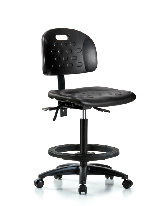 Blue Ridge Ergonomics HPHBCH-RG-T0-A0-BF-RC-BLK Newport Industrial Polyurethane Chair - High Bench Height with Black Foot Ring & Casters in Black Polyurethane