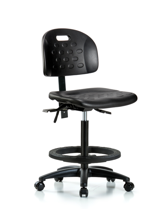 Blue Ridge Ergonomics HPHBCH-RG-T0-A0-BF-RC-BLK Newport Industrial Polyurethane Chair - High Bench Height with Black Foot Ring & Casters in Black Polyurethane