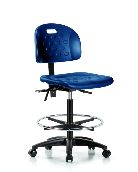 Blue Ridge Ergonomics HPHBCH-RG-T0-A0-CF-RC-BLU Newport Industrial Polyurethane Chair - High Bench Height with Chrome Foot Ring & Casters in Blue Polyurethane