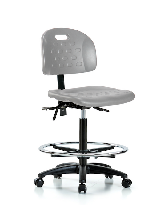 Blue Ridge Ergonomics HPHBCH-RG-T0-A0-CF-RC-GRY Newport Industrial Polyurethane Chair - High Bench Height with Chrome Foot Ring & Casters in Gray Polyurethane