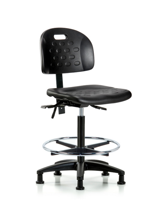 Blue Ridge Ergonomics HPHBCH-RG-T0-A0-CF-RG-BLK Newport Industrial Polyurethane Chair - High Bench Height with Chrome Foot Ring & Stationary Glides in Black Polyurethane