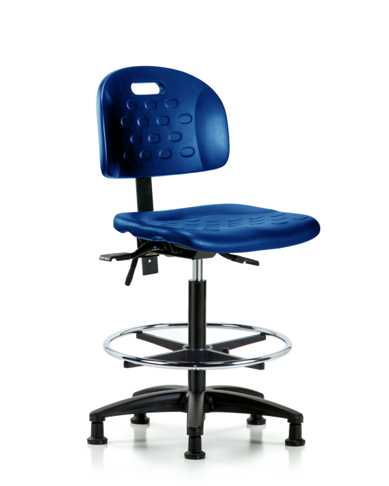 Blue Ridge Ergonomics HPHBCH-RG-T0-A0-CF-RG-BLU Newport Industrial Polyurethane Chair - High Bench Height with Chrome Foot Ring & Stationary Glides in Blue Polyurethane