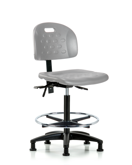 Blue Ridge Ergonomics HPHBCH-RG-T0-A0-CF-RG-GRY Newport Industrial Polyurethane Chair - High Bench Height with Chrome Foot Ring & Stationary Glides in Gray Polyurethane