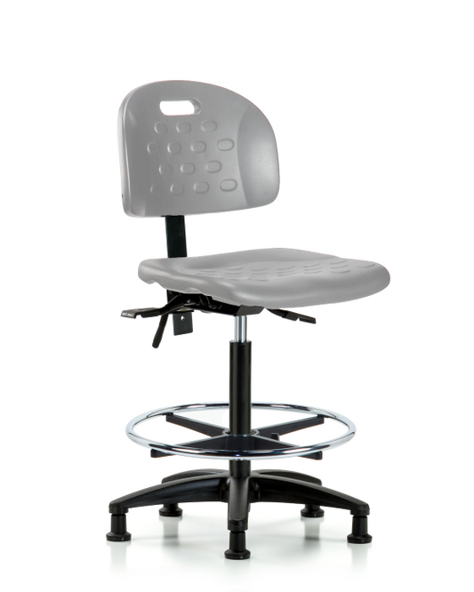 Blue Ridge Ergonomics HPHBCH-RG-T0-A0-CF-RG-GRY Newport Industrial Polyurethane Chair - High Bench Height with Chrome Foot Ring & Stationary Glides in Gray Polyurethane