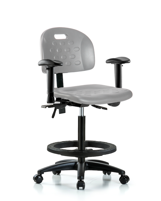 Blue Ridge Ergonomics HPHBCH-RG-T0-A1-BF-RC-GRY Newport Industrial Polyurethane Chair - High Bench Height with Adjustable Arms, Black Foot Ring, & Casters in Gray Polyurethane