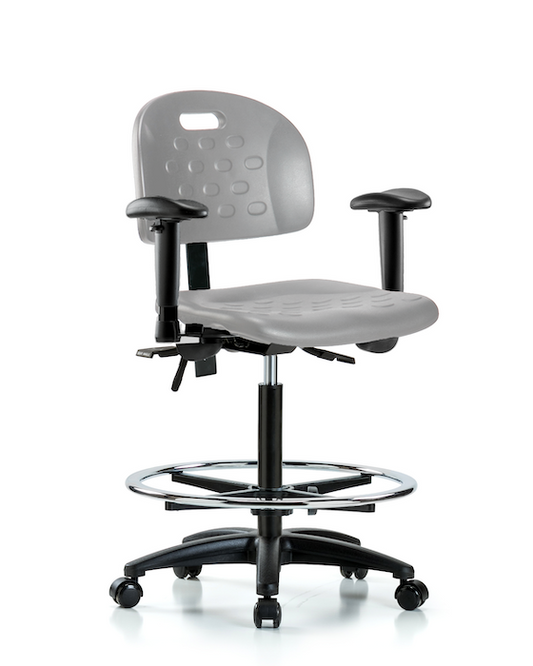 Blue Ridge Ergonomics HPHBCH-RG-T0-A1-CF-RC-GRY Newport Industrial Polyurethane Chair - High Bench Height with Adjustable Arms, Chrome Foot Ring, & Casters in Gray Polyurethane