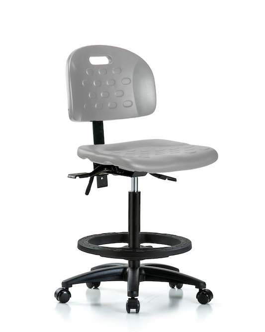 Blue Ridge Ergonomics HPHBCH-RG-T1-A0-BF-RC-GRY Newport Industrial Polyurethane Chair - High Bench Height with Seat Tilt, Black Foot Ring, & Casters in Gray Polyurethane