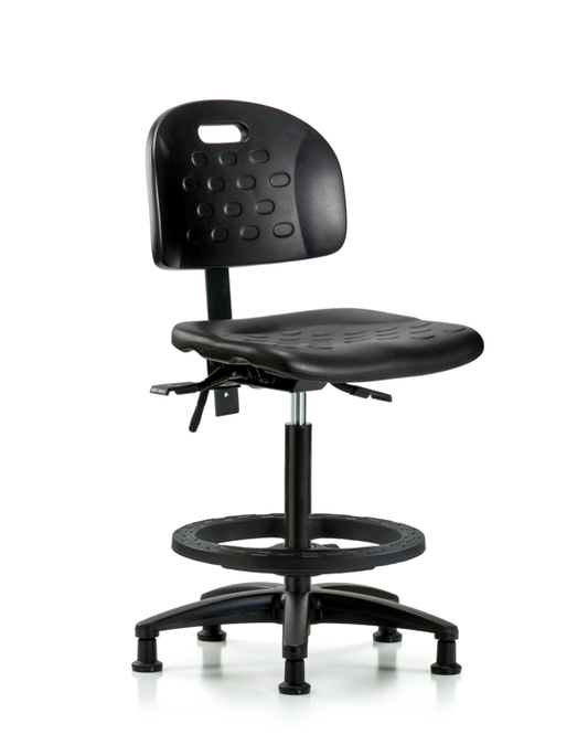 Blue Ridge Ergonomics HPHBCH-RG-T1-A0-BF-RG-BLK Newport Industrial Polyurethane Chair - High Bench Height with Seat Tilt, Black Foot Ring, & Stationary Glides in Black Polyurethane