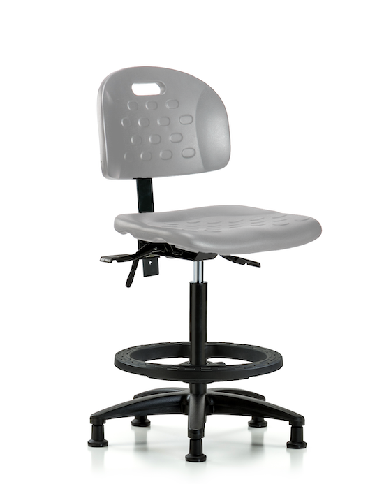 Blue Ridge Ergonomics HPHBCH-RG-T1-A0-BF-RG-GRY Newport Industrial Polyurethane Chair - High Bench Height with Seat Tilt, Black Foot Ring, & Stationary Glides in Gray Polyurethane