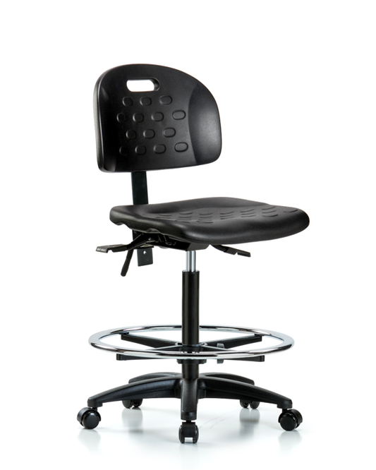 Blue Ridge Ergonomics HPHBCH-RG-T1-A0-CF-RC-BLK Newport Industrial Polyurethane Chair - High Bench Height with Seat Tilt, Chrome Foot Ring, & Casters in Black Polyurethane