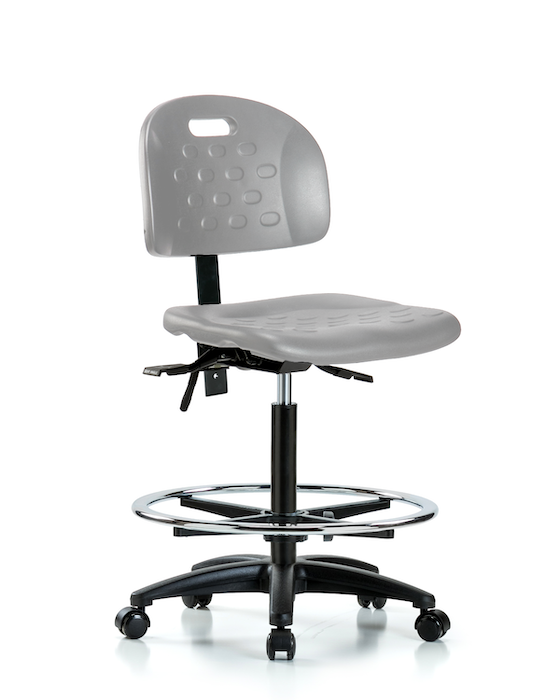 Blue Ridge Ergonomics HPHBCH-RG-T1-A0-CF-RC-GRY Newport Industrial Polyurethane Chair - High Bench Height with Seat Tilt, Chrome Foot Ring, & Casters in Gray Polyurethane